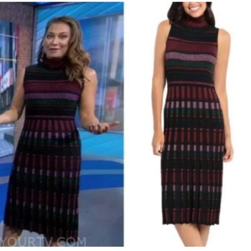 NWT Maggy London Metallic Stripes Mock Neck Midi Sweater Dress (GMA Ginger Zee) - Picture 3 of 11